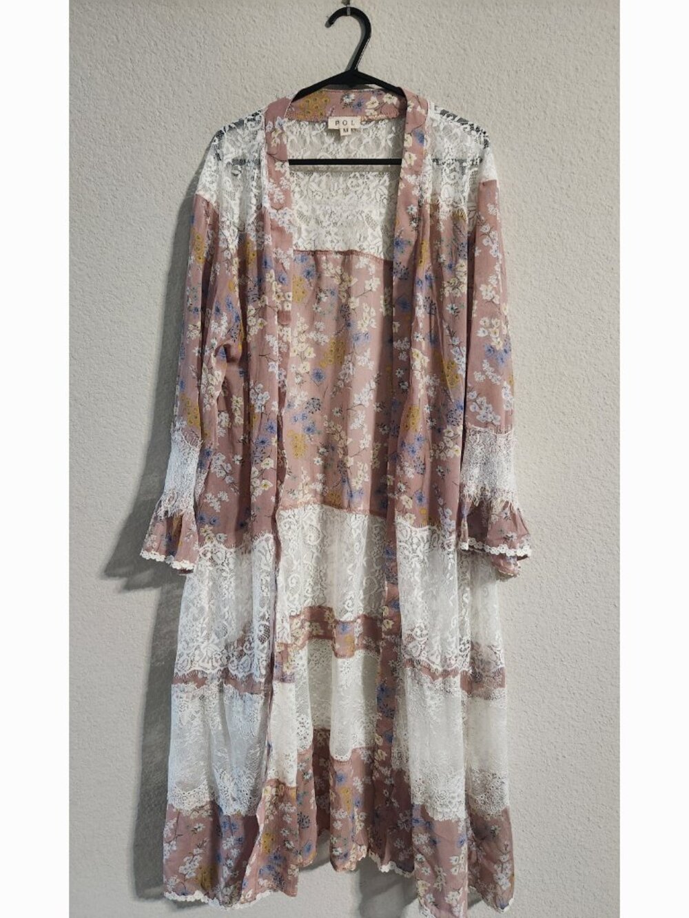 POL Floral Print and Lace Semi-sheer Duster Cardigan pink bohemian size medium